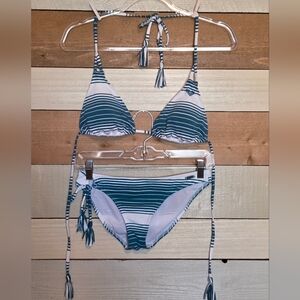 Vintage Roxy Teal and White Striped Triangle Bikini